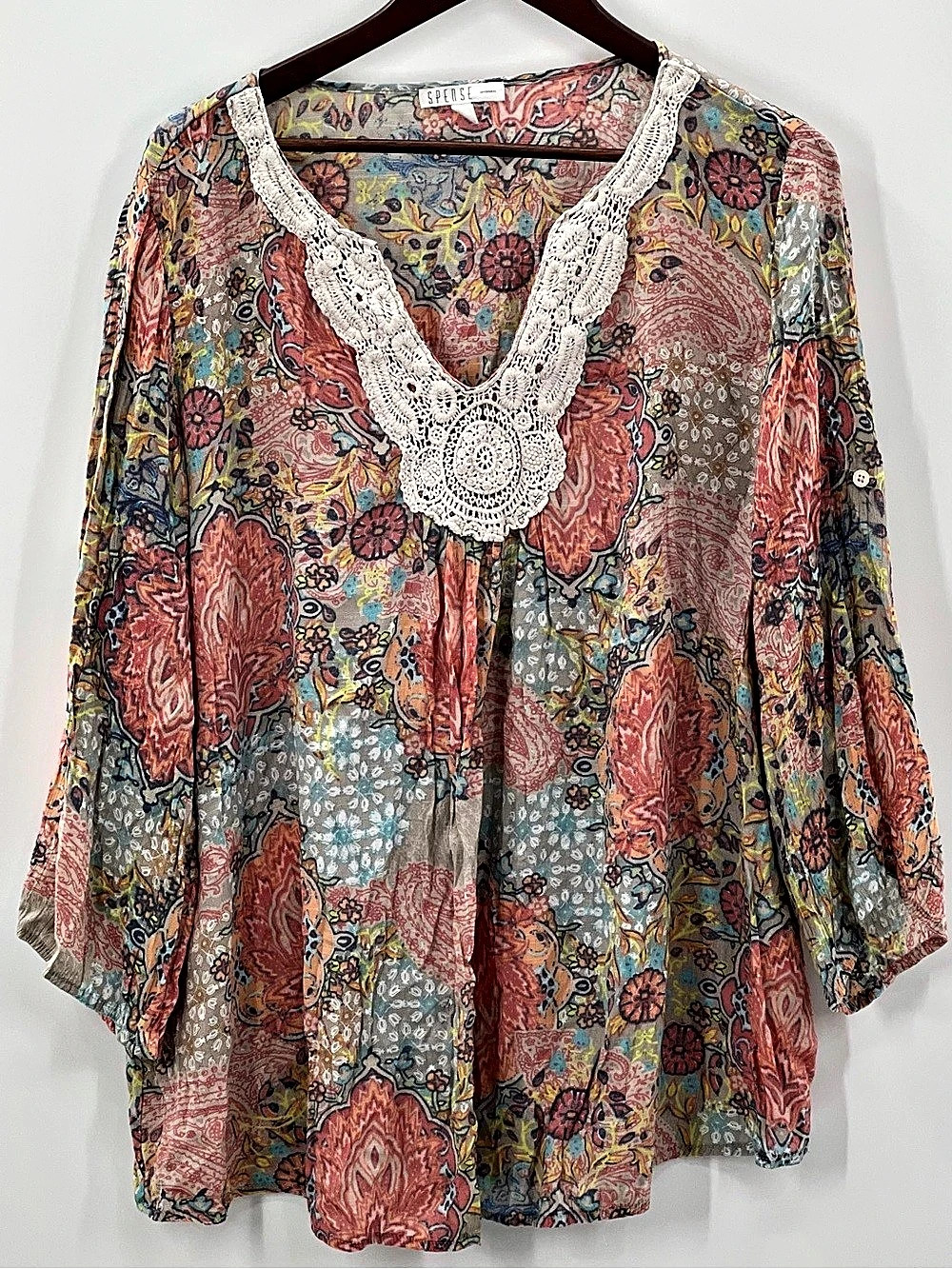 512 Spense Woman 2X Paisley Print Crochet Trim Blouse Paisley Tunic Multicolor